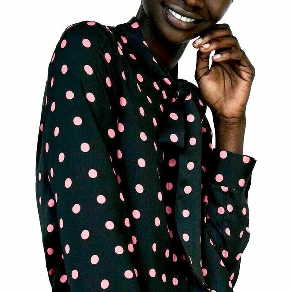 Zara Tops - ZARA Black Pink Polka Dot Tie
Neck Blouse Top - Medium M